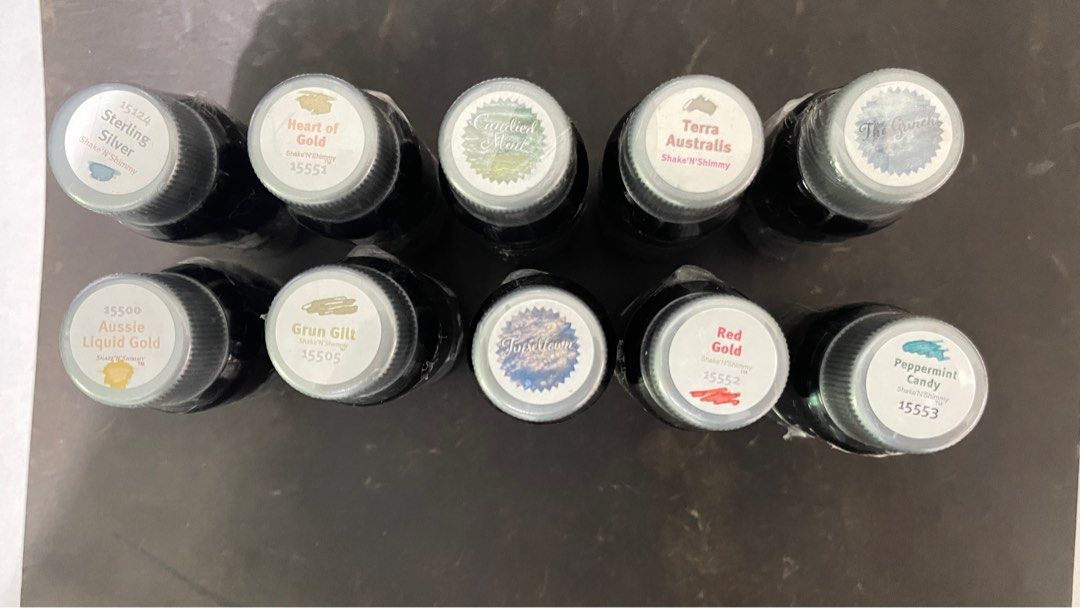 Robert Oster Fountain Pen Ink (Category: Stationery & School Supplies) located in Quezon City. Submitted by loisranulf02 (Listing ID 1344760523, Image 2). Description: Selling my Robert Oster Fountain Pen Inks (brand new) 1. Heart of Gold 2. Grun-gilt 3. Red Gold 4. Aussie Liquid Gold 5. Tinseltown 6. Peppermint Candy 7. Candied Mint 8. The Grinch 9. Glistening Orange Rum 10. Sun on the Snow 11. Rose Glit Tynte 12. Terra Australis 1 pc available 