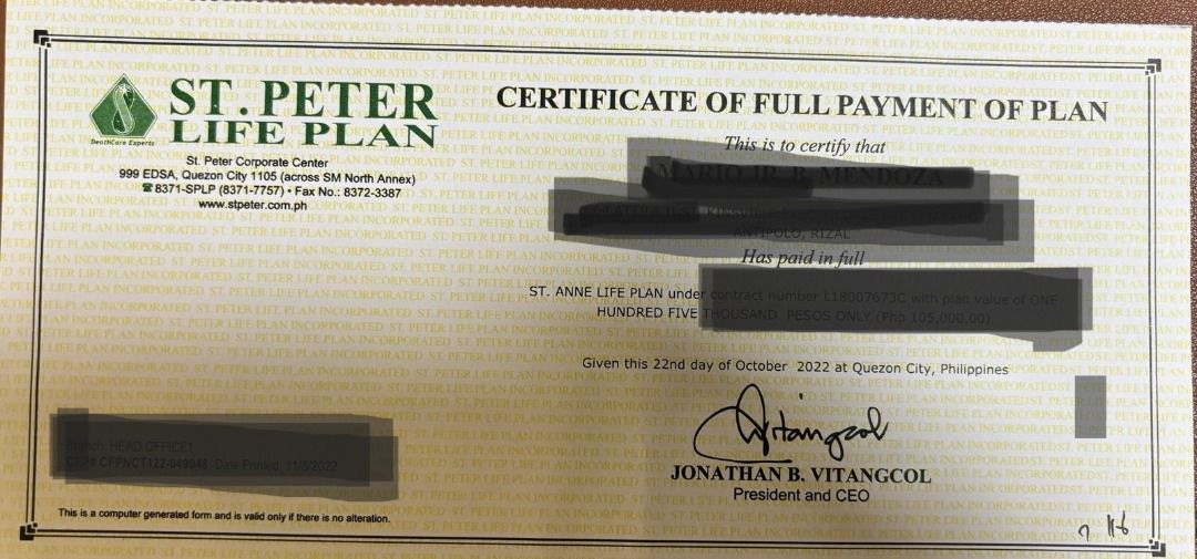 ST. PETER PLAN Fully Paid selling at Discount! (Category: Everything Else Others) located in Taguig. Submitted by mariopolis (Listing ID 1344850660, Image 2). Description: St. Anne Plan (Most Premium Plan) Fully paid Current Price : 157,500 At need price : 141,750 Discounted price NOW: 135,000 Payable in 3 monthly installments, (plan transfer after last payment) Price still negotiable Description: Metal Casket, Double Top (split and full lid cove