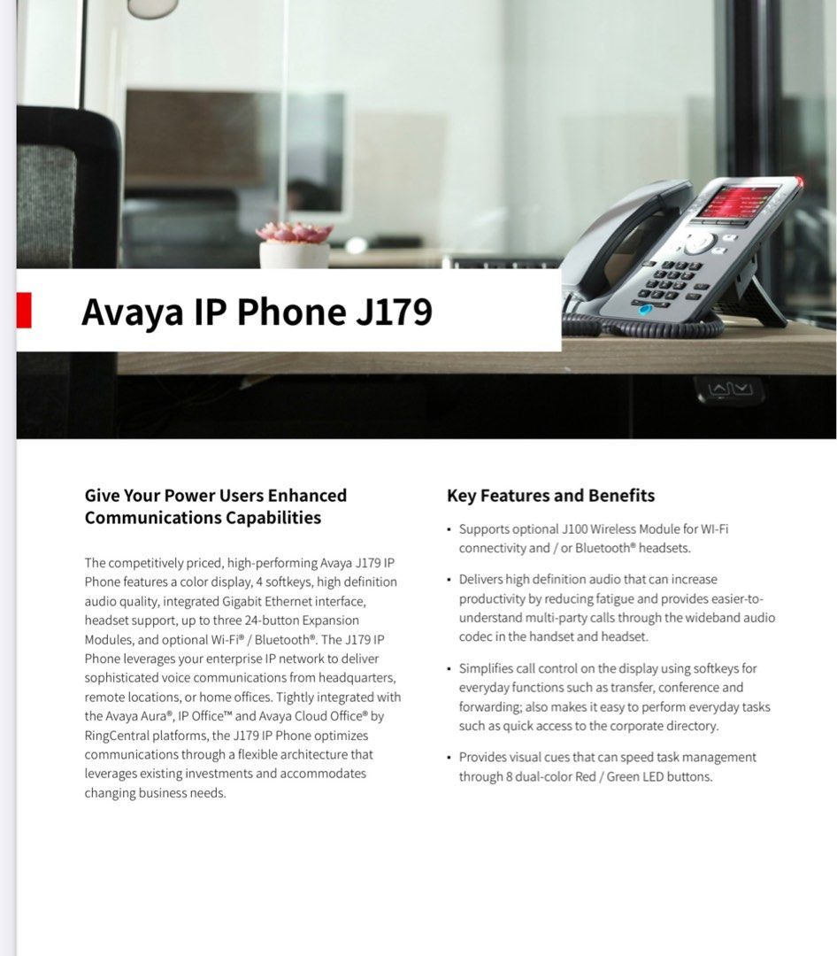 Avaya IP PHONE J179 (Category: Early Generation Mobile Phones) located in Marikina City. Submitted by skowshop (Listing ID 1346525512, Image 2). Description: The Avaya IP Phone J179 leverages your enterprise IP network to deliver sophisticated voice communications from headquarters, remote locations, or home offices. Give your power users enhanced communication capabilities with these high-performing phone features: Color display 4 softkeys High 