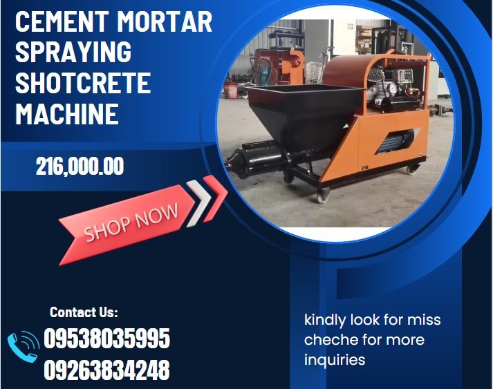 cement mortar spraying shotcrete machine (Category: Construction Tools & Equipment) located in Caloocan City. Submitted by gollemrea92925 (Listing ID 1346507995, Image 1). Description: 🔵Vertical conveying distance: 10m 🔵Horizontal conveying distance: 20m 🔵Bare machine weight: 180kg 🔵Motor power: main motor 4kw 🔵Air pump motor 2.2kw 🔵Maximum mortar ratio: 1:3 🔵Mortar conveying volume: 1.5m 🔵Working efficiency: 100㎡/h 🔵Hopper volume: 60L .