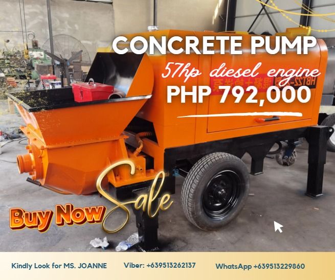 Concrete Pump 57hp diesel engine (Category: Construction Tools & Equipment) located in Malabon City. Submitted by moannataga43633 (Listing ID 1346559122, Image 1). Description: Prices is already Posted , Please see the details below ! Thank you .. Concrete Pump 57hp diesel engine Php 792,000 Specification: Product model : high end 20 type concrete pump Theoretical delivery volume : 8-15m3/h Bone Particle diameter : 0.5-1.5 less than 2 Maximum Pre
