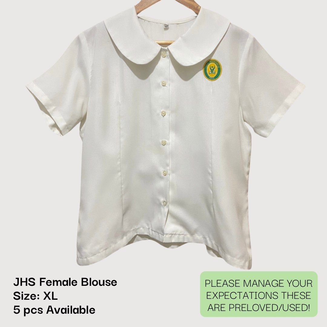FEU Roosevelt JHS Female Uniform (Category: Blouses) located in Quezon City. Submitted by Reloved_Declutters (Listing ID 1346660981, Image 2). Description: FOR SALE | Preloved/USED FEU Roosevelt JHS Female Uniform 🤍 JHS Female Blouse XL (4pcs) - ₱100 each 2XL (1 pc) - ₱150 (SOLD) ❌ 3XL (1 pc) - ₱150 (SOLD) ❌ JHS Female Skirt L (1 pc) - ₱100 (SOLD) ❌ XL (1 pc) - ₱200 2XL (2 pcs) - ₱200 each (SOLD) ❌ 4XL (1 pc) - ₱200 (SOLD) ❌ Neckties (2 pcs) - ₱