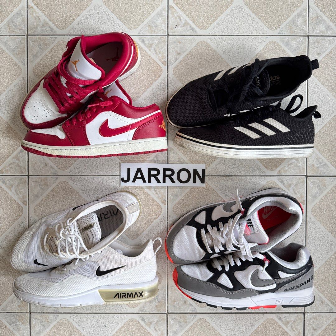 Jordan / Nike / Adidas fits size 9 (Category: Sneakers) located in Binan City. Submitted by donjarron (Listing ID 1346493452, Image 1). Description: DECLUTTERING SALE‼️ All fits size 9 US. Take all for 6k only‼️ All excellent condition except for Adidas, has minimal sole sep that can be remediated 📍Biñan, Laguna.