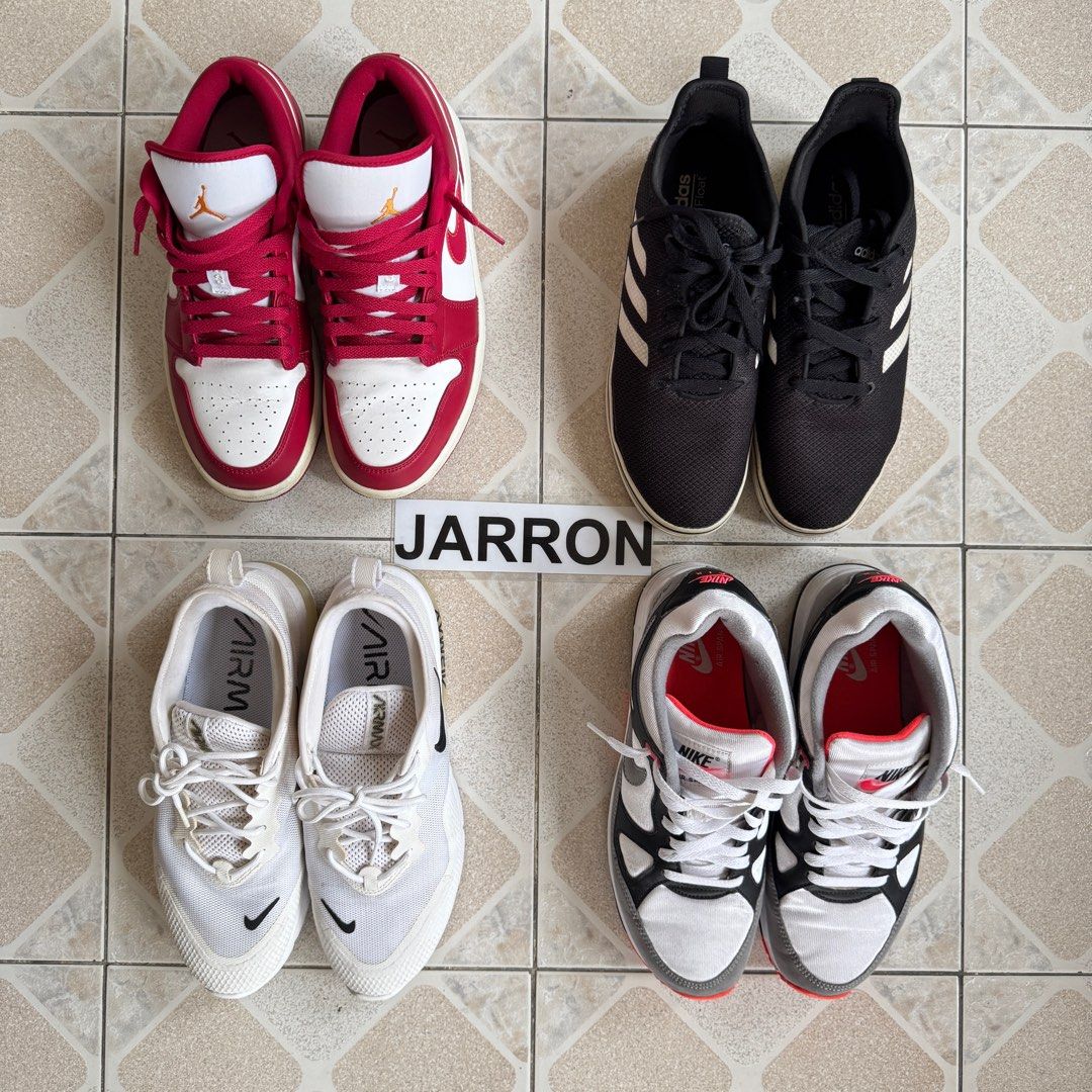 Jordan / Nike / Adidas fits size 9 (Category: Sneakers) located in Binan City. Submitted by donjarron (Listing ID 1346493452, Image 2). Description: DECLUTTERING SALE‼️ All fits size 9 US. Take all for 6k only‼️ All excellent condition except for Adidas, has minimal sole sep that can be remediated 📍Biñan, Laguna.