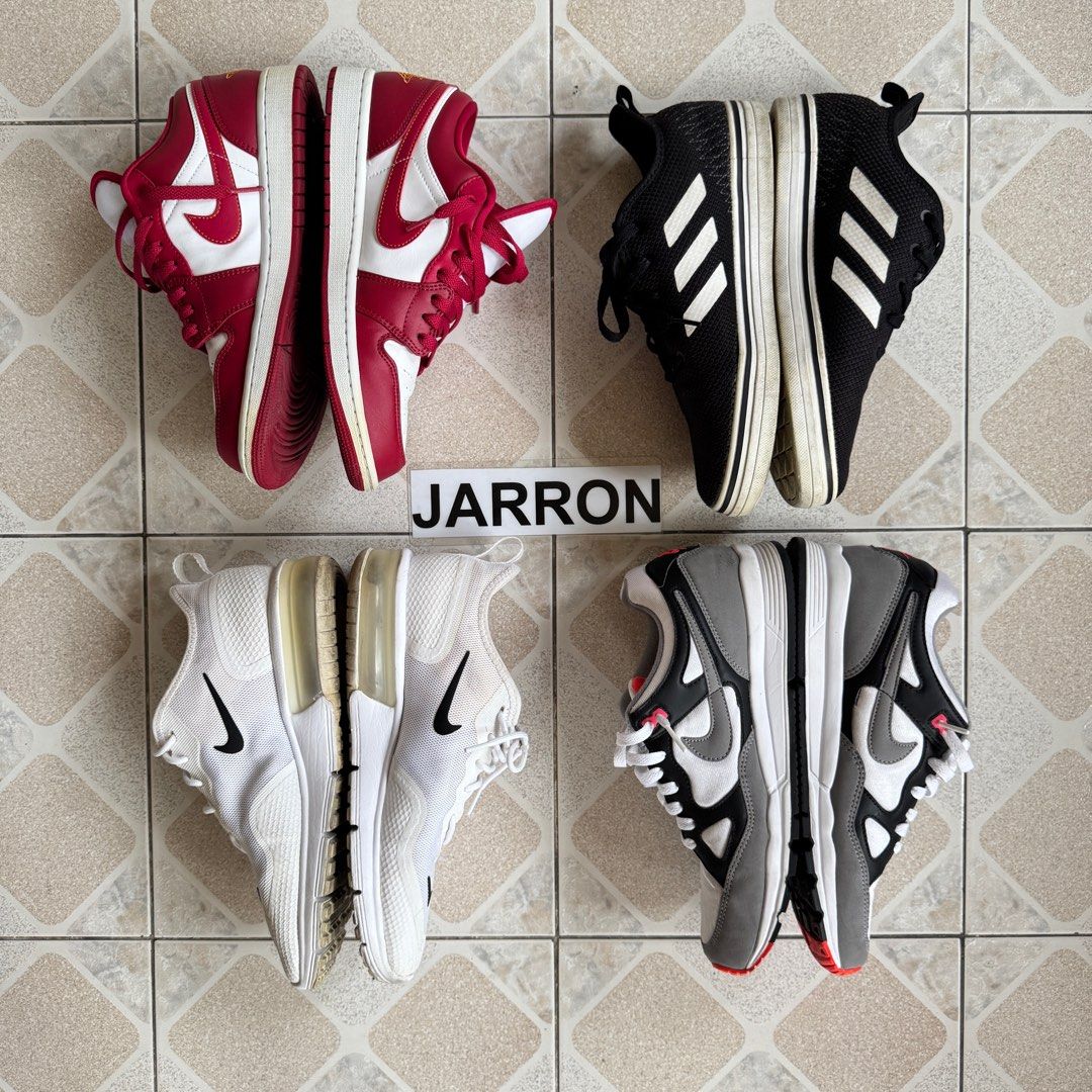 Jordan / Nike / Adidas fits size 9 (Category: Sneakers) located in Binan City. Submitted by donjarron (Listing ID 1346493452, Image 3). Description: DECLUTTERING SALE‼️ All fits size 9 US. Take all for 6k only‼️ All excellent condition except for Adidas, has minimal sole sep that can be remediated 📍Biñan, Laguna.