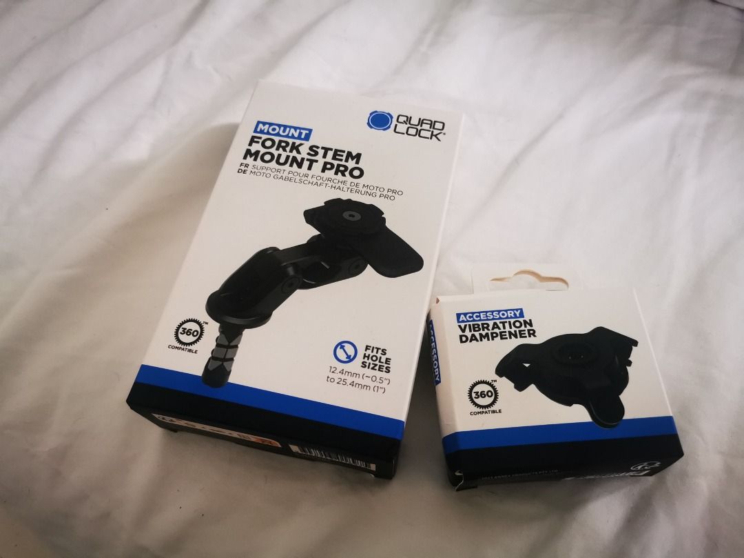 QUADLOCK Fork Stem Mount Pro + Vibration Dampener / motorcycle riding gear (Category: Mounts & Holders) located in Quezon City. Submitted by isabelnecessary (Listing ID 1346378070, Image 1). Description: QUAD LOCK fork stem mount pro and vibration dampener Brand new, unused original packaging included Purchased from Quad Lock Asia https://www.quadlockcase.asia/products/motorcycle-fork-stem-mount?variant=39689000321086 contact 09763101625 PHP6000 