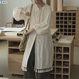 【淘佳佳】TIONGTIONG日系文藝系帶流蘇繡花長袖襯衫連衣裙女秋百搭顯瘦裙子連身裙dress64240105512835110