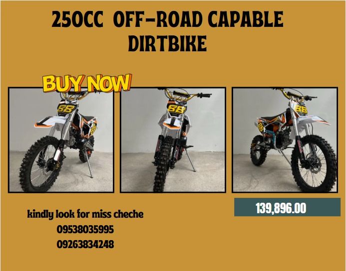 250cc off-Road Capable Dirtbike (Category: Everything Else Others) located in Caloocan City. Submitted by gollemrea92925 (Listing ID 1346689943, Image 1). Description: Model: MOTOR-A4 Brakes: Front and rear disc brakes Tire Size: Front 17 inches and rear 14 inches Display: / Transmission Category: Chain drive Max. Speed: / Suspension: Rear suspension Engine: 250cc Fuel Type: Gasoline Fuel Tank Capacity: 4.5L Escape-pipe: Aluminum exhaust Start mo