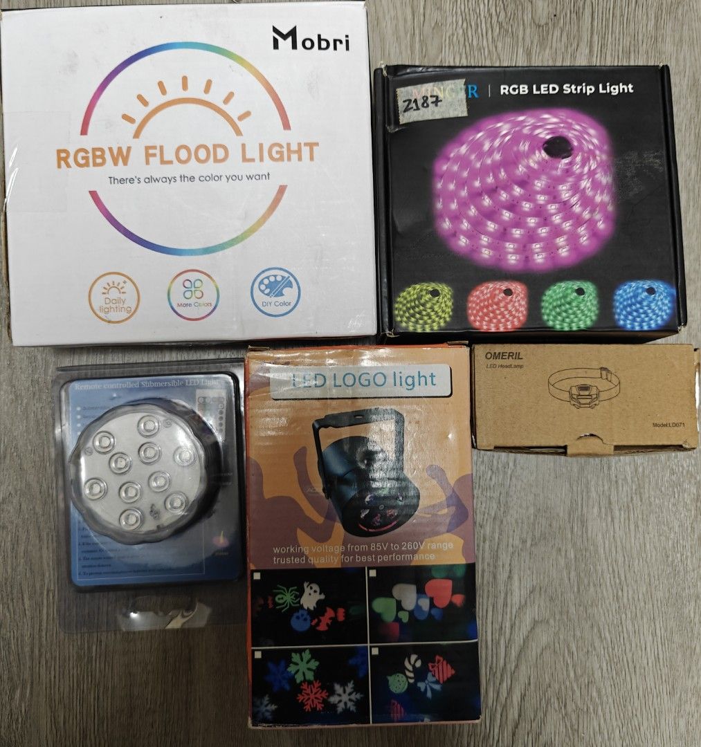 Light Bundle (Category: Lighting) located in Singapore. Submitted by elitesnipersauction (Listing ID 1346854396, Image 1). Description: 🔥 Fire Cheap Sale 🔥 Light Bundle 1) Minger 5M RGB LED Strip Light With Remote Control (Brand New Set) 2) Mobri RGB Flood Light (Brand New Set) 3) Submersible Led Light with remote control (Brand New Sealed Set) 4) Omeril LED Headlight (Brand New Set) 5) LED Stage Light (Brand New Set) Total 5 items @ $28 Only 1
