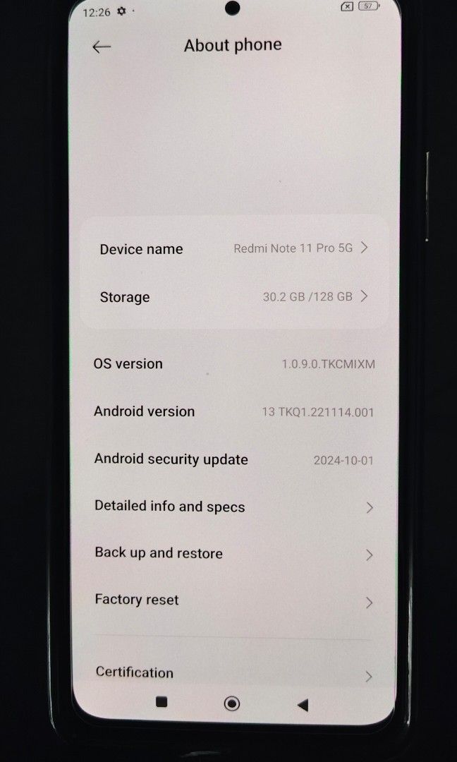 Redmi note 11 pro 5g (Category: Xiaomi) located in Quezon City. Submitted by Dmomlife (Listing ID 1346813580, Image 2). Description: Globe locked Box only and unit 7500 or better offer Globe locked Box only and unit Type Super AMOLED, 120Hz, 700 nits, 1200 nits (peak) Size 6.67 inches, 107.4 cm2 (~86.0% screen-to-body ratio) Resolution 1080 x 2400 pixels, 20:9 ratio (~395 ppi density) Protection Corning Gorilla Glass 5 w.