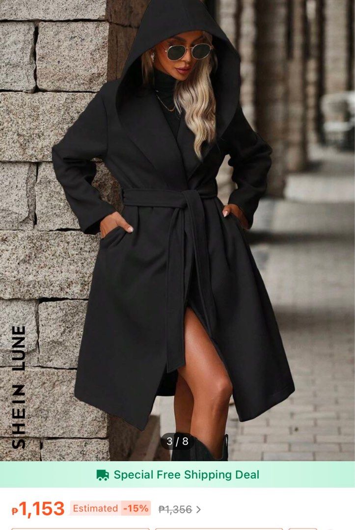 Shein Hooden wool coat with belt (Category: Coats, Jackets and Outerwear) located in Quezon City. Submitted by muneng0909 (Listing ID 1346788016, Image 1). Description: Size : Medium / sizes are in cm Shoulder : 45 Length : 105 Sleeve length :60 Bust : 122 Cuff : 31 .