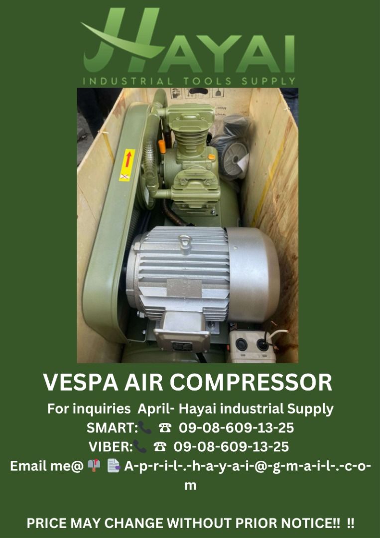 Vespa air compressor (Category: Construction Tools & Equipment) located in Caloocan City. Submitted by aprilv96843328 (Listing ID 1346713290, Image 1). Description: Vespa air compressor Specs: 10hp PRICE: 137,500 For inquiries April- Hayai industrial Supply 📞 ☎ 0-9-0-8-6-0-9-1-3-2-5 Email me@ 📫 📑 A-p-r-i-l-.-h-a-y-a-i-@-g-m-a-i-l-.-c-o-m PRICE MAY CHANGE WITHOUT PRIOR NOTICE!!! .