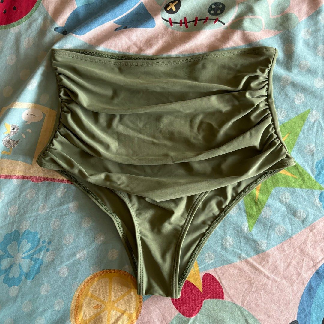 Army Green Highwaist Ruched Bikini Bottom (Category: Bikinis & Swimsuits) located in Quezon City. Submitted by ddeonz (Listing ID 1346902505, Image 1). Description: Length: 14 in. Waist: 26-37 in. Hip: 30 in. Rfs: loose.