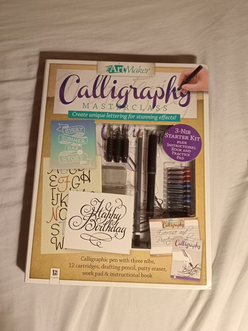Art Masters - Calligraphy Masterclass Set (Category: Stationery & School Supplies) located in Quezon City. Submitted by yogi180 (Listing ID 1347024258, Image 1). Description: Once Used. Comes with 3 Nibs, Pen, 9 different inks, Pencil and Eraser. Exercise book has never been used.