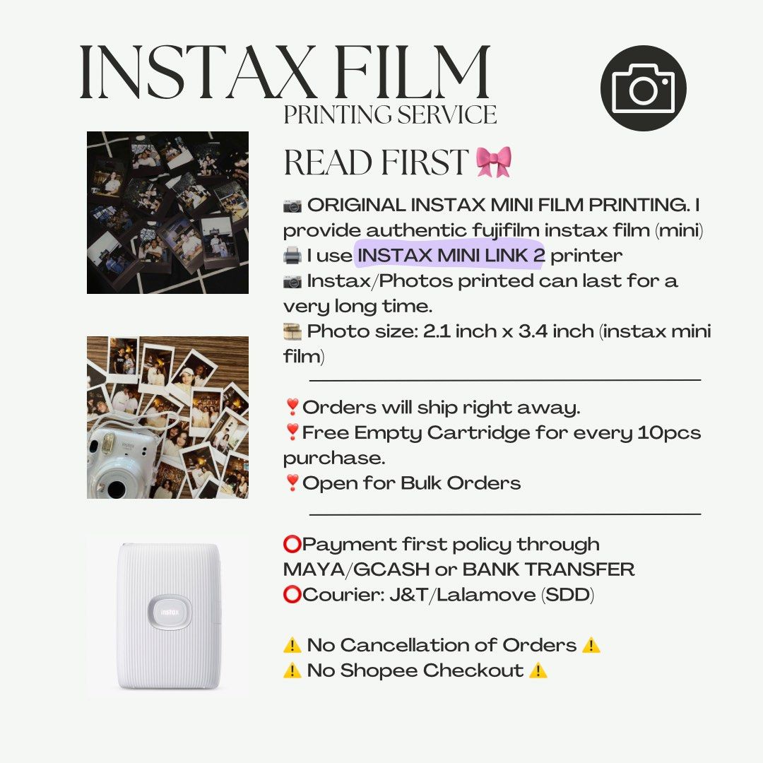 Authentic Fujifilm Instax Mini Printing Service (Category: Other Photography Accessories) located in Cavite. Submitted by jycmrcd (Listing ID 1346874249, Image 3). Description: Hi, don't have your instax camera but want to print your photos in polaroids with a very affordable price? I got you. I offer printing service using the Instax Mini Link 2 📸 Photo of your choice ✨ Authentic Fujifilm Instax Mini Film 👍 Photo size: 2.1 inch x 3.4 inch (ins
