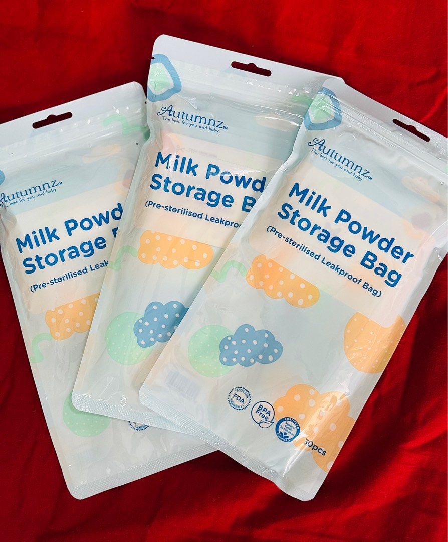 [Buy 1 Free 2] Autumnz Milk Powder Storage Bag (Category: Breastfeeding & Bottle Feeding) located in Singapore. Submitted by twinklebell0412 (Listing ID 1346908432, Image 1). Description: - Medical grade sterilization to ensure safe feeding - European Standard / Electron Beam sterilization - Double walled (PE+PET) to preserve nutrients effectively, BPA free - 50g/bag X 30 per box .