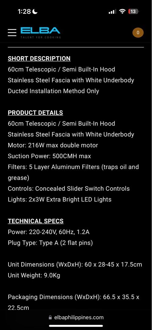 Elba Telescopic Range hood (ITH 602 WX) (Category: Hobs & Hoods) located in Bacoor. Submitted by scammergoout (Listing ID 1346917521, Image 2). Description: Brandnew with Receipt from SM North Abenson. PM me for the actual photo. Original Price ₱8500 Selling it for Only ₱8000 including hose and other installation accesories. RFS: Walang abang yung bahay na paglalagyan. Specs: 60cm Telescopic / Semi Built-In Hood Stainless Steel Fascia with White 