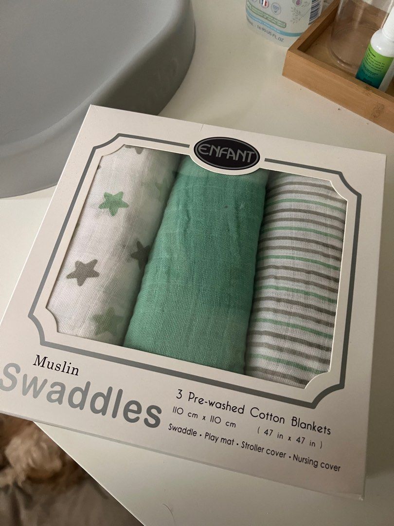 Enfant Muslin Swaddles (Category: Babies & Kids Fashion) located in Marikina City. Submitted by caseykace (Listing ID 1347079210, Image 1). Description: Bought for ₱999 at Enfant. Brand new never got to use, bought too much and my baby grew too fast 😅 These are BRAND NEW. Super great quality! For pick up in Marikina.