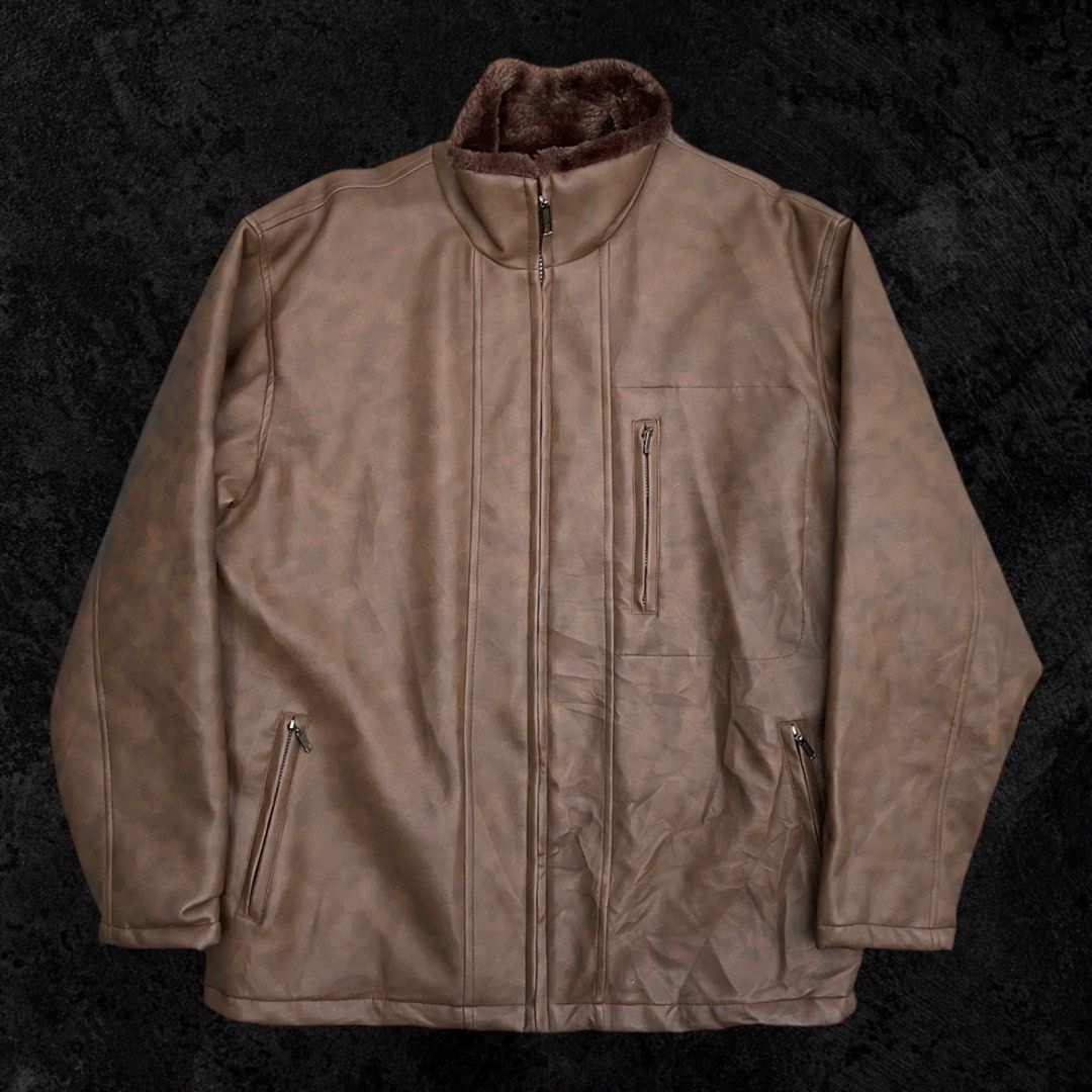 Festa Uomo Faux Leather Full-Zip Jacket (Category: Coats, Jackets and Outerwear) located in Baguio. Submitted by appetentraiments (Listing ID 1347005046, Image 2). Description: Excellent condition Dimensions: 29”Lx22.5”Wx23.5”SL M on tag 10/10 color rate Issue: tiny leather chips (unnoticeable).