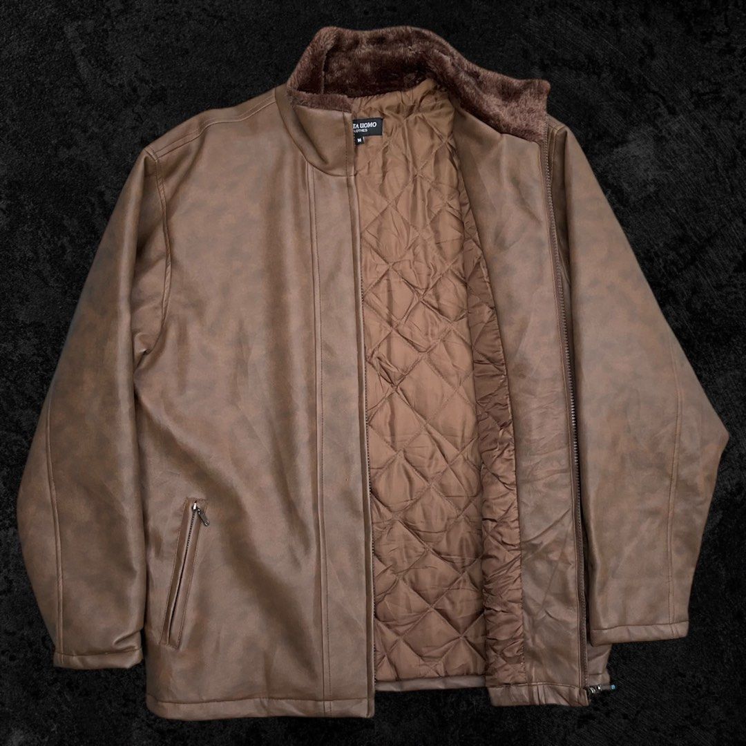 Festa Uomo Faux Leather Full-Zip Jacket (Category: Coats, Jackets and Outerwear) located in Baguio. Submitted by appetentraiments (Listing ID 1347005046, Image 3). Description: Excellent condition Dimensions: 29”Lx22.5”Wx23.5”SL M on tag 10/10 color rate Issue: tiny leather chips (unnoticeable).