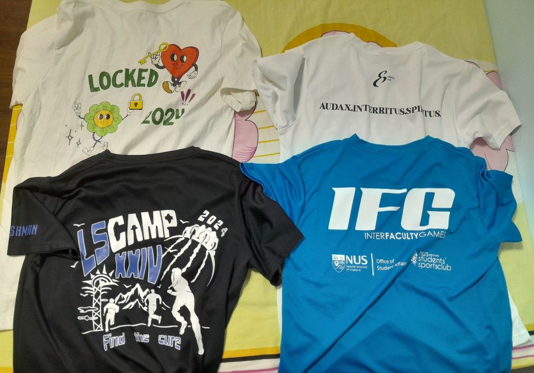 Nus shirts (Category: Tshirts & Polo Shirts) located in Singapore. Submitted by gudetama_piano (Listing ID 1346889899, Image 2). Description: 1. nus enablers ori 2. team nus sci [sold] 3. life sci camp 4. sci ifg athlete 1 for $10 2 for $18 3 for $26 4 for $35.
