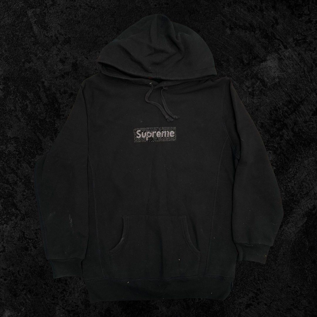 Supreme x Swarovski Box Logo Hoodie Pullover (Category: Coats, Jackets and Outerwear) located in Baguio. Submitted by appetentraiments (Listing ID 1347006718, Image 2). Description: Excellent condition Dimensions: 29”Lx22”Wx23”SL M on tag, fits L 9/10 color rate No issues Needs wash.