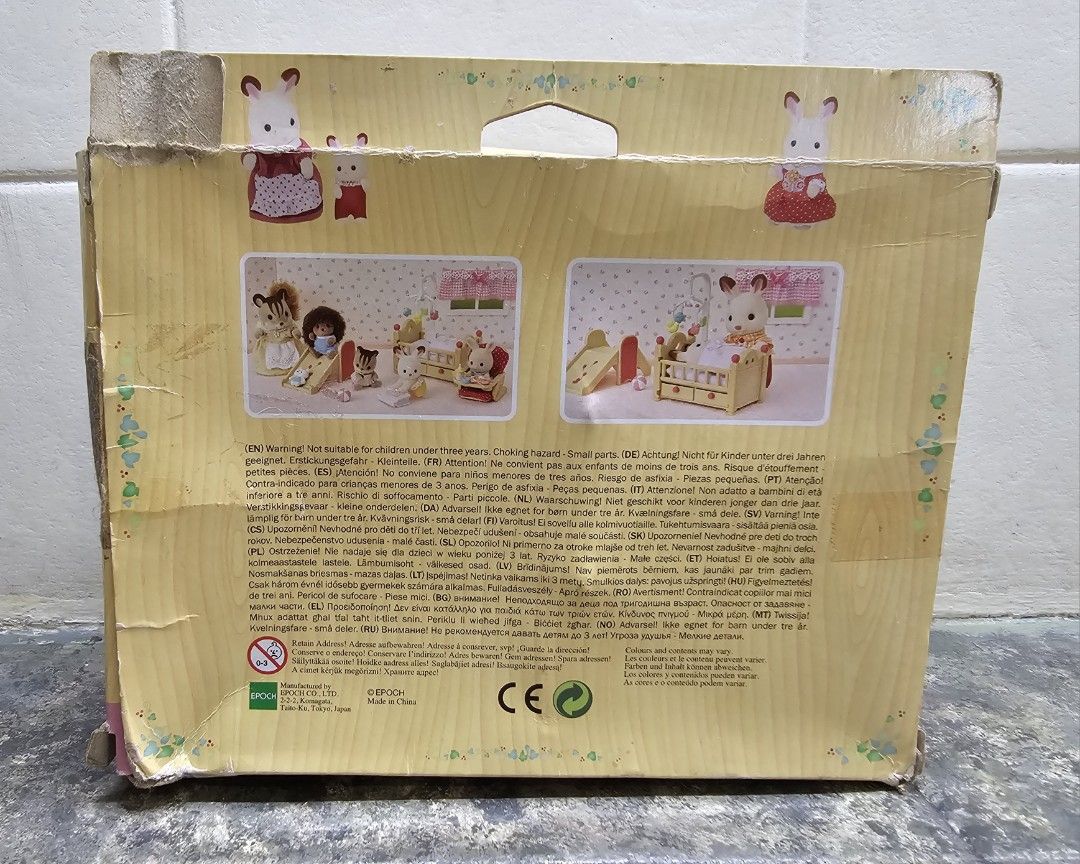 SYLVANIAN FAMILIES Baby Nursery Set (Category: Kids Toys) located in Quezon City. Submitted by charliebrown_olx (Listing ID 1347023629, Image 3). Description: Classification: New, Unassembled Condition: Mint on Non-Mint Box TERMS & CONDITIONS: 1. C.O.D. Can meet buyers at - Del Monte Ave, Q.C. - Mla Memorial Park Sucat - Weekends 2. Shipping c/o buyer. 3. Prices are Final. 4. Respect the Ad. TFL.