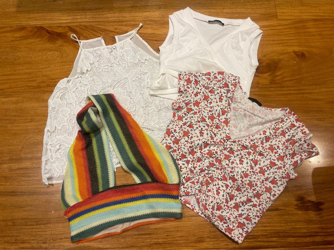 Bundle of 4 Tops Size M-L (Category: Blouses) located in Quezon City. Submitted by _byktin (Listing ID 1347197967, Image 2). Description: Bundle of 4 Tops Size M-L 1) White Floral Halter Top 2) Lovito Multicolored Backless Halter Top Size M 3) Lovito White Cutout Tank Top Size M 4) Terranova Floral V-Neck Scrunched Top Size L.