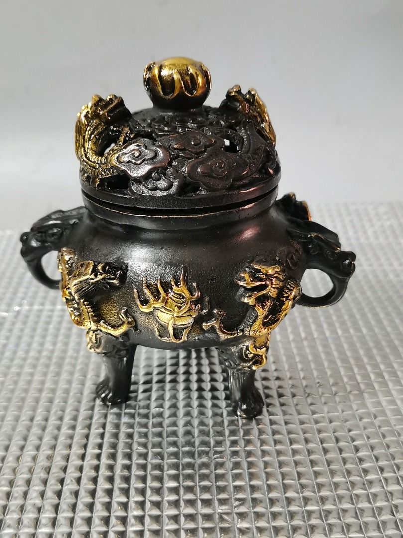 中国古美術・旧藏銅鎏金鎏金双龍台座付き香炉・線香炉・純紫銅・純