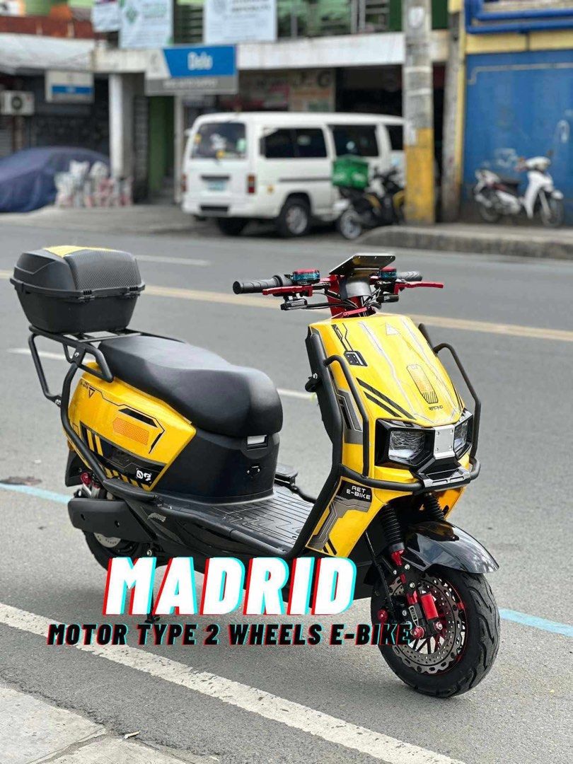 MADRID MOTOR TYPE E-SCOOTER 2000WATTS 😎 (Category: Bicycles) located in Marikina City. Submitted by keionlines85428 (Listing ID 1347236920, Image 2). Description: RESTOCKED, NEW COLORS 😎😎 ⭐️ MADRID MOTOR TYPE E-SCOOTER 2000WATTS 😎 ‼️₱ 32,000 🆓FREE NUTSHELL TYPE HELMET🆓 Specifications: •Front and Rear: Hydraulic Disc brakes •Distance Range: 20-40km •Tire: 3.0 X 10.0 Tubeless •Capacity: 200kg load weight •Battery: 60v/20ah •Charging Time: 8-1