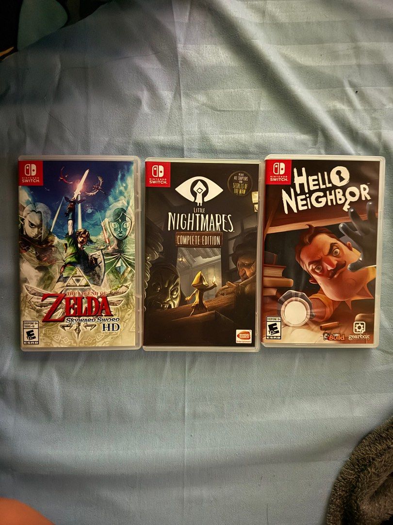 Nintendo Switch Games (Category: Nintendo) located in Urdaneta. Submitted by 304trsh (Listing ID 1347275591, Image 1). Description: for sale ns games with case skyward swrd (barely used) - ₱1,100 little nightmares complete ed (fjnished the game) - 1,000 hello neighbor (only used once) - ₱900 price is NEGOTIABLE. dm for offers.