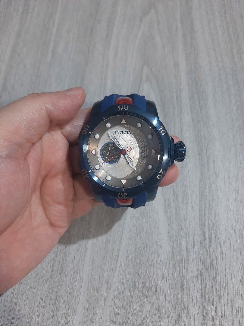 Original Invicta Marvel Captain America Limited Edition Automatic (Category: Men's Watches) located in Mandaluyong City. Submitted by time_machine28 (Listing ID 1347181490, Image 3). Description: Ptpa, Steal Price SALE...SALE...SALE... SALE...SALE...SALE... 6,800 Pesos Only Invicta Marvel Captain America Limited Edition Model no.26062 Original/legit New No previous owner Automatic Selling low Stock box Blue Red tone No issue Blue silicon strap Fi