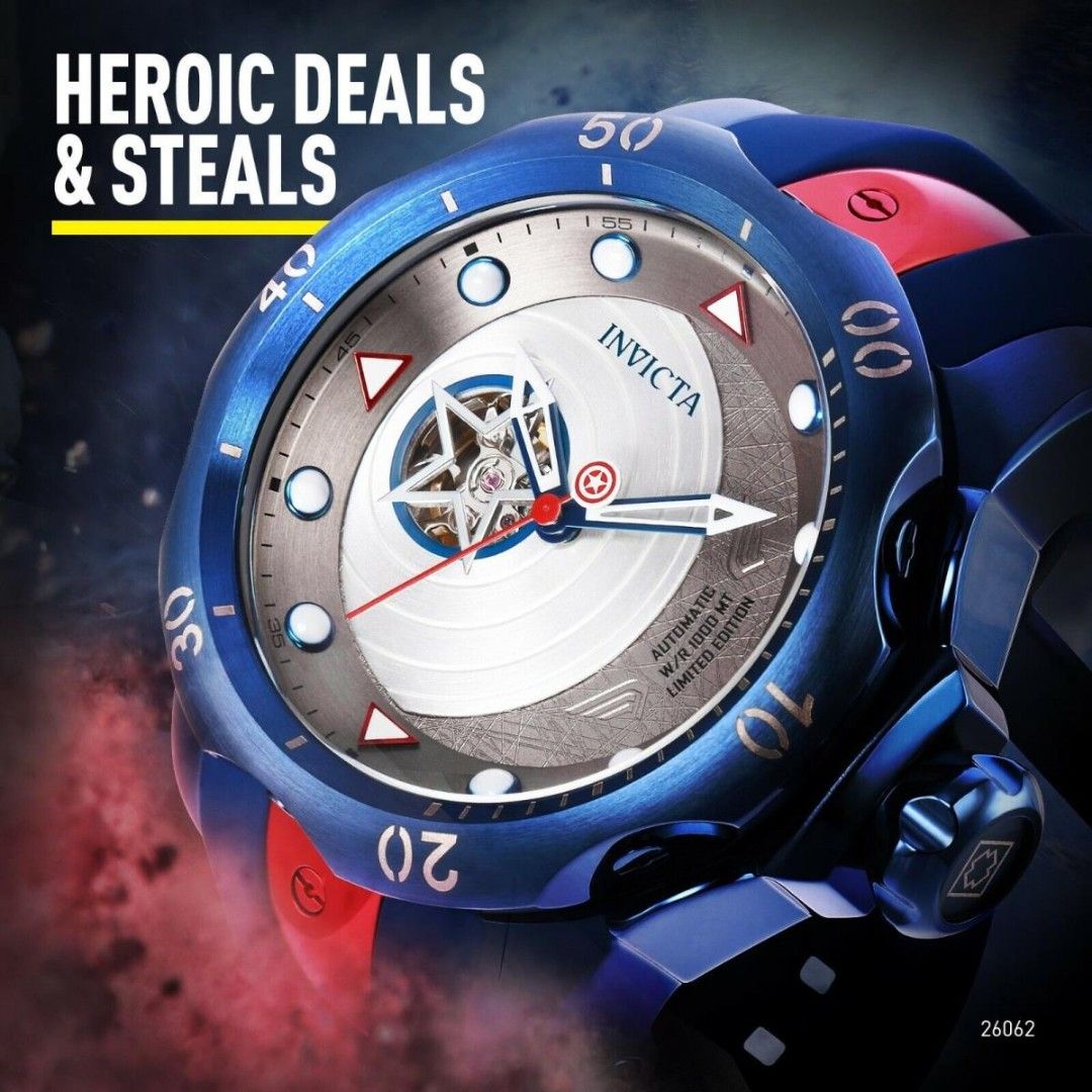 Original Invicta Marvel Captain America Limited Edition Automatic (Category: Men's Watches) located in Mandaluyong City. Submitted by time_machine28 (Listing ID 1347181490, Image 2). Description: Ptpa, Steal Price SALE...SALE...SALE... SALE...SALE...SALE... 6,800 Pesos Only Invicta Marvel Captain America Limited Edition Model no.26062 Original/legit New No previous owner Automatic Selling low Stock box Blue Red tone No issue Blue silicon strap Fi