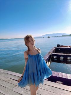 海邊度假連衣裙女兩穿露背蛋糕蓬蓬裙掛脖吊帶裙64240420142082110