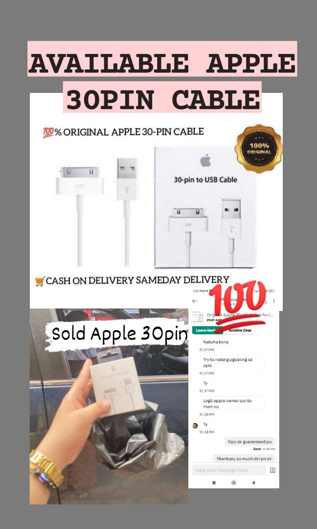 Apple 30pin cable charger (Category: Chargers & Cables) located in Manila. Submitted by ziabebshoptique (Listing ID 1347364842, Image 1). Description: SALE APPLE ACCESSORIES Magsafe Wallet Case Apple Battery Pack white Battery Pack Clear Case iPhone Magnetic Clear Case Apple Earpods 3.5MM Apple Lightning Earpods Apple Lightning Cable Apple 5W adaptor Apple 12W Adaptor Apple 18W adaptor only Apple 20W adaptor only Apple USB C to Lightning Cableonl