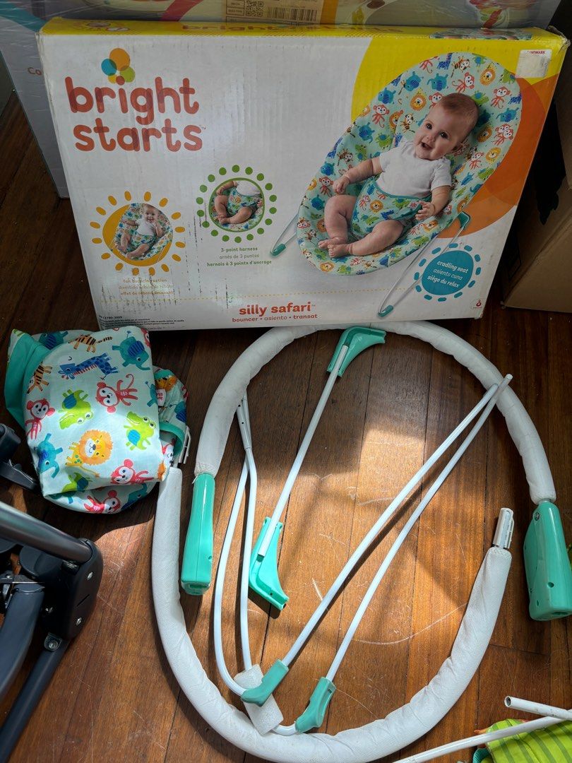 Bright starts baby bouncer (Category: Infant Playtime) located in Quezon City. Submitted by trish130 (Listing ID 1347331891, Image 3). Description: Bright starts baby bouncer in silly safari. 2 pieces (see photos). One is lightly used, the other is heavily used but still functional. One is non-battery operated; the other requires battery to vibrate, but vibrate function is no longer working even when battery is replaced. The one with vibrate func