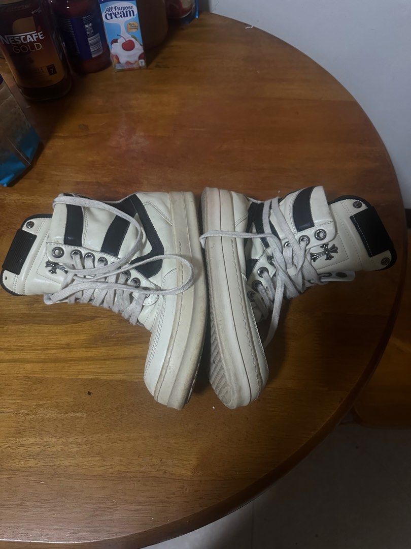 Rick Owens x Chrome Hearts Geobaskets (Category: Sneakers) located in Subic. Submitted by punkeedd (Listing ID 1347336593, Image 3). Description: rick x ch geobaskets 25.5cm well used, ukay pair minor scratches, replaced footbed 2000 nego + sf thru jnt/lalamove.