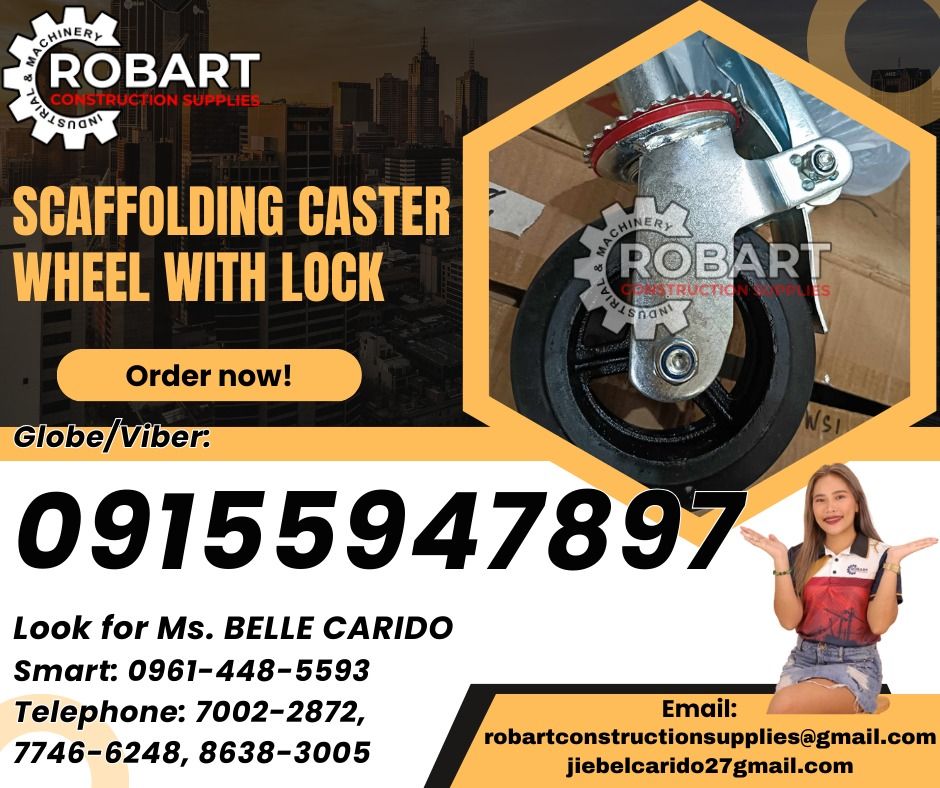 Scaffolding Caster Wheel with Lock (Category: Industrial Equipment) located in Manila. Submitted by bellarobart (Listing ID 1347301358, Image 1). Description: Scaffolding Caster Wheel with Lock Size: 6" 𝓛𝓞𝓞𝓚 𝓕𝓞𝓡 𝓑𝓔𝓛𝓛𝓔 🔵 100% Trusted Supplier 🔵 Competitive Price 🔵 𝑾𝒆 𝒂𝒓𝒆 𝑫𝑻𝑰 𝑹𝒆𝒈𝒊𝒔𝒕𝒆𝒓𝒆𝒅 & 𝑩𝑰𝑹 𝐀𝐂𝐂𝐑𝐄𝐃𝐈𝐓𝐄𝐃 Products: 🎯 Machinery 🎯 Electrical 🎯 PPE ( Personal Protective Equipment ) 🎯 Valves & Fittings 🎯