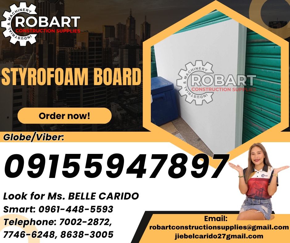 Styrofoam Board (Category: Industrial Equipment) located in Manila. Submitted by bellarobart (Listing ID 1347295013, Image 1). Description: Styrofoam 16 density foam Size: 1" x 4' x 8' 𝓛𝓞𝓞𝓚 𝓕𝓞𝓡 𝓑𝓔𝓛𝓛𝓔 🔵 100% Trusted Supplier 🔵 Competitive Price 🔵 𝑾𝒆 𝒂𝒓𝒆 𝑫𝑻𝑰 𝑹𝒆𝒈𝒊𝒔𝒕𝒆𝒓𝒆𝒅 & 𝑩𝑰𝑹 𝐀𝐂𝐂𝐑𝐄𝐃𝐈𝐓𝐄𝐃 Products: 🎯 Machinery 🎯 Electrical 🎯 PPE ( Personal Protective Equipment ) 🎯 Valves & Fittings 🎯 Metals ( Stainles