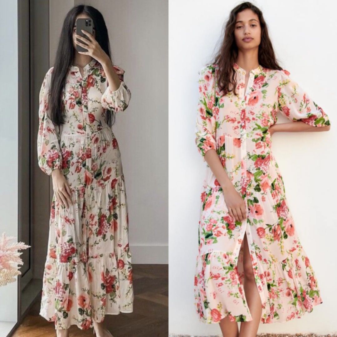 zara cream dress with flowers FLORAL SATIN EFFECT MIDI DRESS - White / Pink