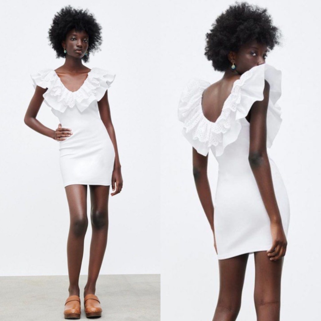 Zara Ribbed Ruffle Eyelet White Mini Dress, Women's Fashion, Dresses ...