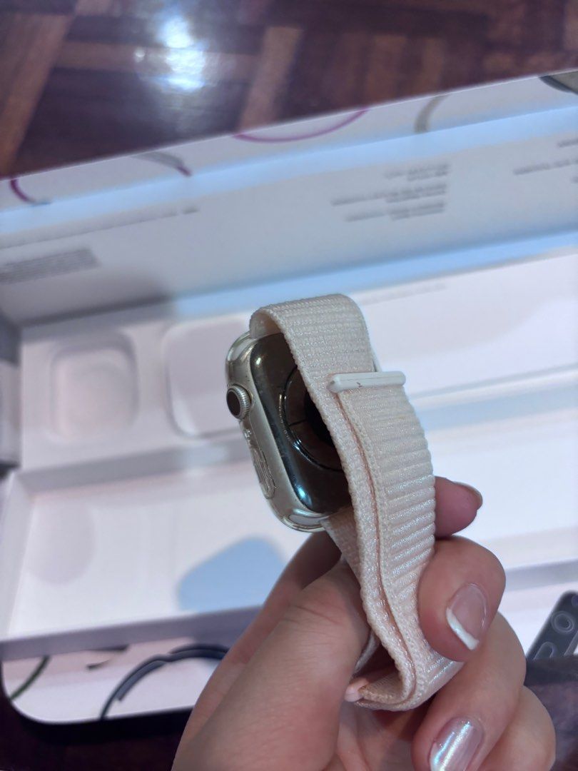 Apple Watch Series 7 45 mm Starlight (Category: Wearables & Smart Watches) located in Cebu City. Submitted by makeupdontbreakup (Listing ID 1347605203, Image 3). Description: No issues lady owned bought myself at apple cebu for 30k plus peso 92% bh rfs: upgraded to series 9 will come with the box and my pink strap and protection case many straps will come with it.