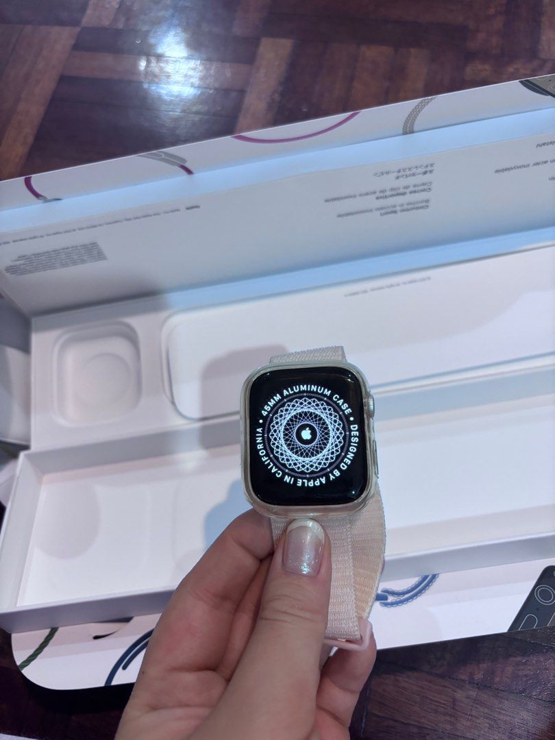Apple Watch Series 7 45 mm Starlight (Category: Wearables & Smart Watches) located in Cebu City. Submitted by makeupdontbreakup (Listing ID 1347605203, Image 2). Description: No issues lady owned bought myself at apple cebu for 30k plus peso 92% bh rfs: upgraded to series 9 will come with the box and my pink strap and protection case many straps will come with it.