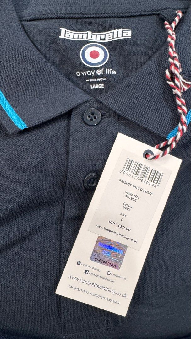 Authentic Lambretta Paisley Taped Polo (Category: Tshirts & Polo Shirts ) located in Taytay. Submitted by everythingonline888 (Listing ID 1347485967, Image 3). Description: -Paisley taping down the sleeves -Embroidered chest branding -Contrast single tipping -3 button placket -Woven Lambretta label to side seam -100% cotton pique A superb quality cotton polo with branded paisley taping running down the sleeves, finished with embroidered branding 