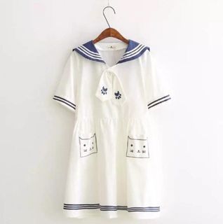 Cosplay costume summer Wear New style Japan University style Soft girl loose marine collar short sleeve cotton linen dress for women students sailor suit cosplay cute sleepwear