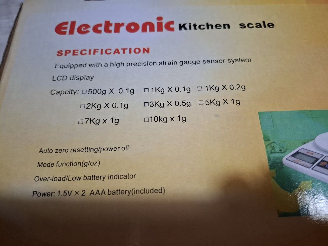 Electronic scale (Category: Medical Supplies & Tools) located in Antipolo. Submitted by cychiyo (Listing ID 1347526646, Image 2). Description: Electronic kitchen scale brand new in box with battery ( uses 2 AAs) no issues tested, working as it should bought for a hobby, but decided on a new hobby instead.