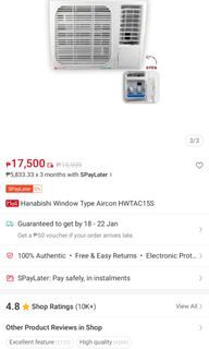 Hanabishi Window type aircon 1hp