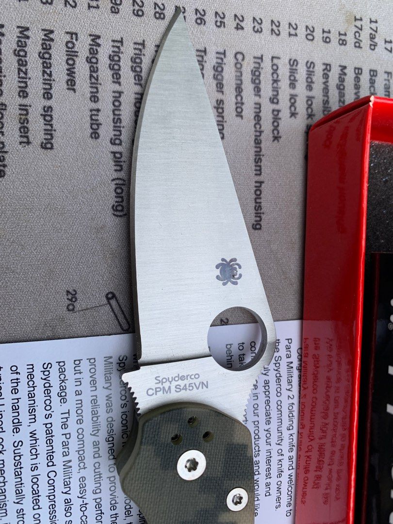 Paramilitary 2 by Spyderco (Category: Knives & Chopping Boards) located in Baliuag. Submitted by marksman28 (Listing ID 1347490886, Image 2). Description: Kept for Collection and unused. Overall Length-8.29” (211mm) Blade Length-3.47” (88mm) Steel-CPM S45VN Closed Length-4.82” (122mm) Edge Length-3.05” (77mm) Weight-3.8oz (108g)Blade Thickness-0.145” (3.7mm) Handle-G-10 Camo design Clip Position-AmbiTip Carry Position4-position Lock Type-Compress