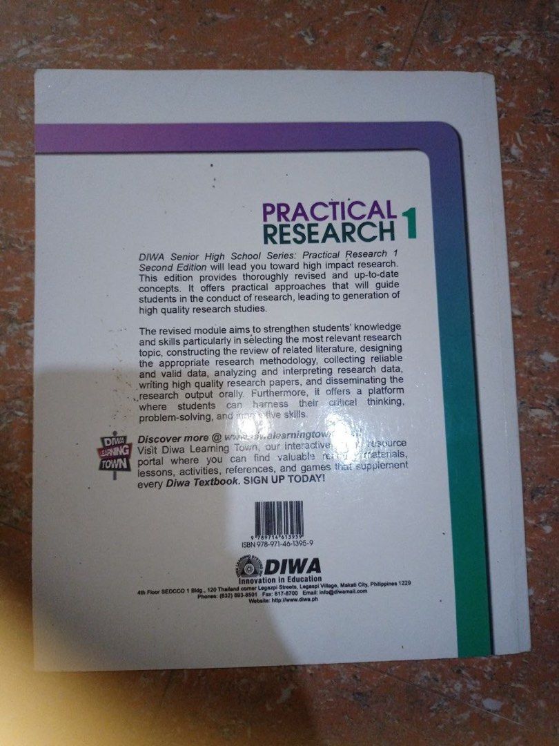 Practical Research 1 Senior High (Diwa textbooks) (Category: Textbooks) located in San Fernando. Submitted by h.obi (Listing ID 1347656728, Image 2). Description: .