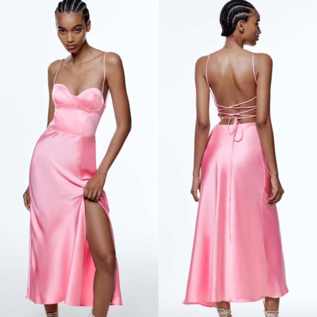 Zara Pink Satin Lace Back Midi Maxi Dress, Women's Fashion, Dresses & Sets,  Dresses on Carousell